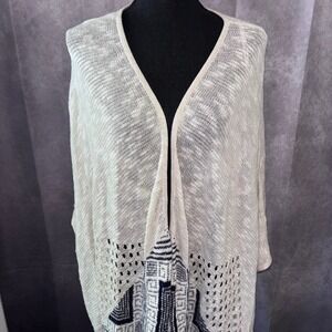 Sweet N Sinful Womens Large Cream‎ Navy Boho Open Front Geometric Kimono Wrap